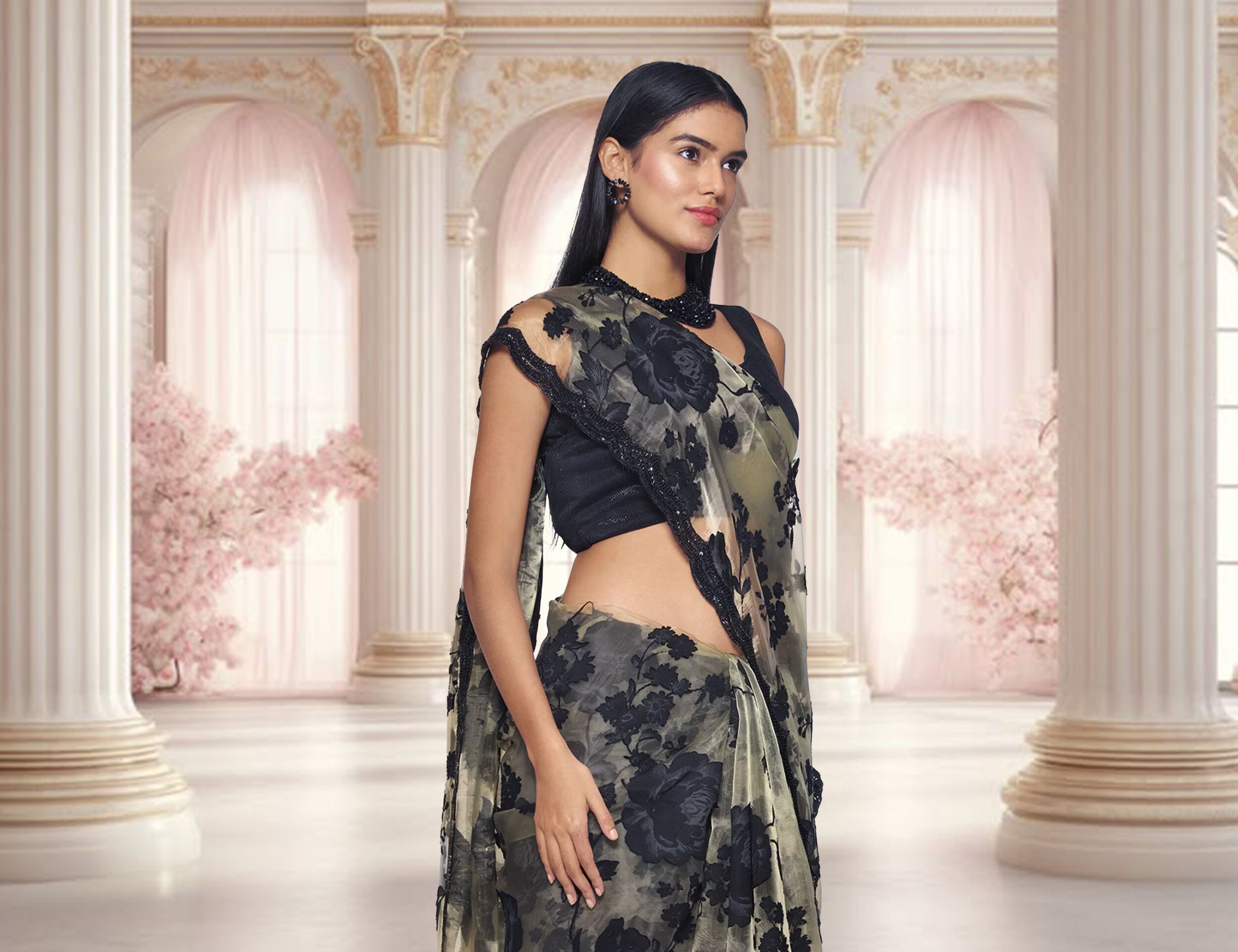 Woman wearing a black saree